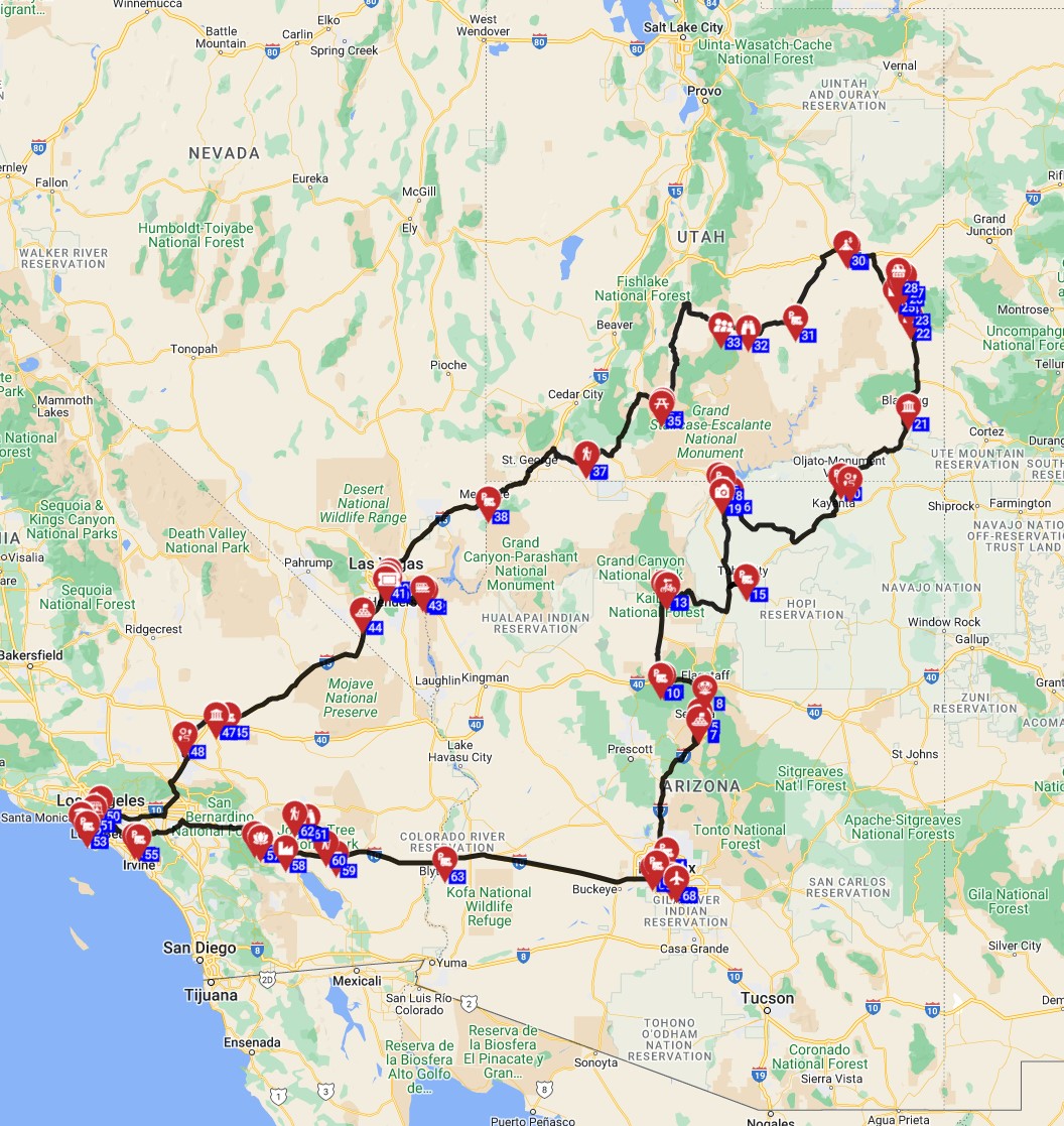 Map for Phoenix Roundtrip - Arizona Utah and California